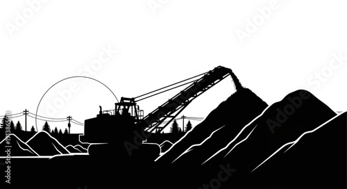 Heavy machinery operating in a mining or construction site with mountains.