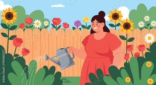 Modern flat vector illustration of plus size woman watering plants in backyard garden, symbolizing self growth, self care, and body positivity lifestyle