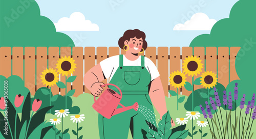 Modern flat vector illustration of plus size woman watering plants in backyard garden, symbolizing self growth, self care, and body positivity lifestyle