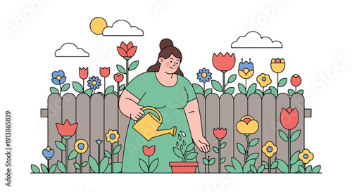 Modern flat vector illustration of plus size woman watering plants in backyard garden, symbolizing self growth, self care, and body positivity lifestyle