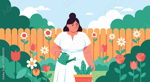 Modern flat vector illustration of plus size woman watering plants in backyard garden, symbolizing self growth, self care, and body positivity lifestyle