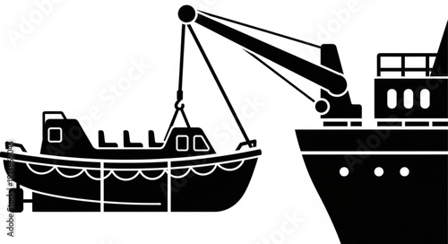 Cargo ship loading goods onto a smaller vessel at sea.