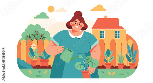 Modern flat vector illustration of plus size woman watering plants in backyard garden, symbolizing self growth, self care, and body positivity lifestyle