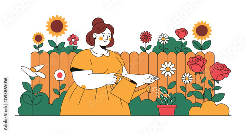 Modern flat vector illustration of plus size woman watering plants in backyard garden, symbolizing self growth, self care, and body positivity lifestyle