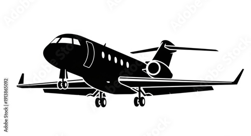 Private jet aircraft silhouette on white background.