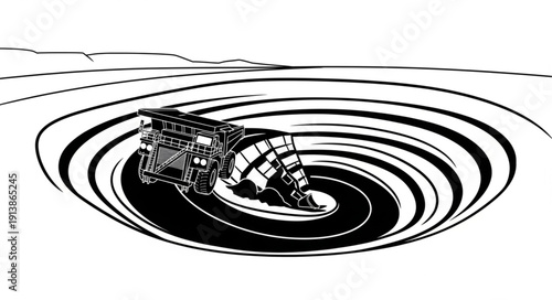 Black and white illustration of an old house sinking into a whirlpool.