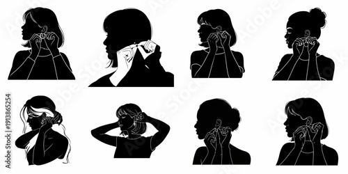 Collection of female silhouettes putting on earrings, illustrating beauty, fashion, and jewelry accessorizing.