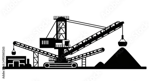 Industrial mining machinery operating on a construction site with piles of excavated material.