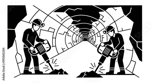 Two miners breaking rocks in a tunnel with jackhammers.
