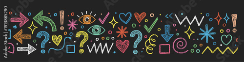 Playful Colorful Hand-Drawn Doodles, Arrows, Hearts, Stars, Spirals, Eyes, Abstract Shapes on Black Background for Creative Artistic Design Projects