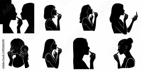 Aesthetic black and white silhouette set showing women applying lipstick for beauty and fashion concepts.