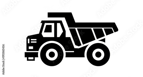 Black Silhouette of a Dump Truck on White Background.