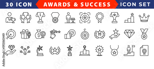 Success line icon set. Editable Stroke. Winner, trophy, goal, medal, target, strategy, mission - stock vector.