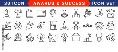 Success line icon set. Editable Stroke. Winner, trophy, goal, medal, target, strategy, mission - stock vector.