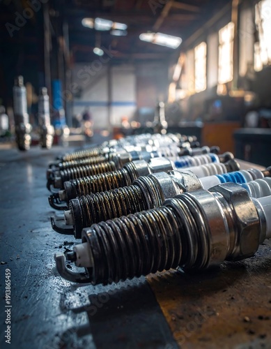 Close-up of multiple used spark plugs arranged neatly on a workbench inside a dimly lit workshop with blurred background elements