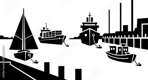 Industrial harbor with boats and ships in black and white illustration.