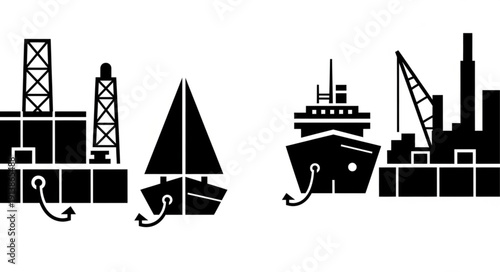 Black and white illustration of cargo ships and containers at the dock.