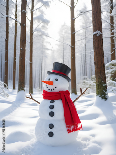 Cheerful snowman with red scarf in a tranquil snowy winter forest