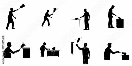 Man Dusting Silhouettes Set: Various vector poses and actions of a person using a feather duster for cleaning household or professional surfaces, isolated icons.