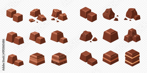 Isometric chocolate pieces and candy bars set on transparent background.