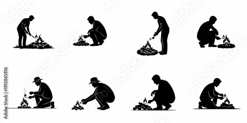 Set of silhouettes illustrating men building, tending, and lighting a campfire, representing outdoor activities, camping, and survival skills.