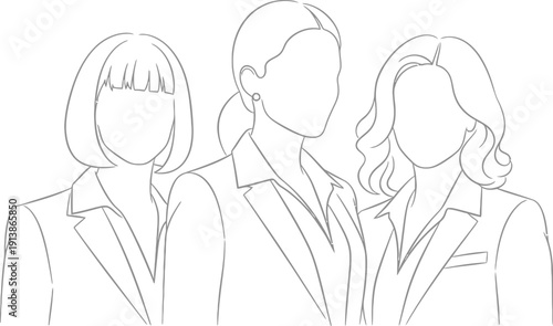 Minimalist line art drawing depicting three professional women standing together wearing business blazers symbolizing teamwork and female leadership concepts