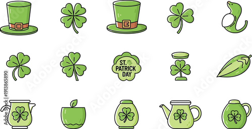 Collection of charming flat line icons featuring various green shamrocks leprechaun hats and themed festive beverage containers celebrating Saint Patrick's Day