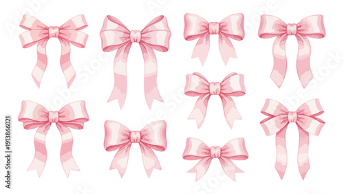 Whimsical pink ribbon bow set. Romantic girl fashion aesthetic, wedding, baby shower card decoration vector design