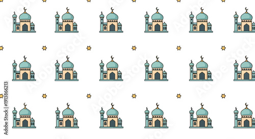 Ramadan celebration pattern featuring mosque illustrations and lanterns in a seamless design