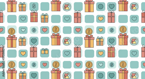 Celebrating Ramadan with gifts, charity, love, generosity, and kindness in a vibrant pattern of icons