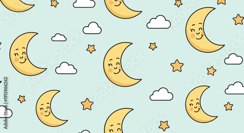 Celebrating Ramadan under a serene night sky with smiling crescent moons and stars amidst fluffy clouds