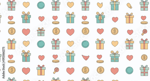 Celebrating Ramadan with gifts, hearts, charity, love, and generosity in a festive pattern of icons