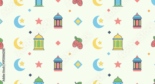 Celebrating Ramadan with lanterns, crescent moons, and stars in a festive pattern
