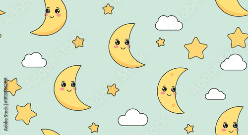 Celebrating Ramadan with smiling moons and stars under a serene night sky pattern