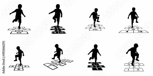 Vector collection of eight black silhouettes of a child playing the traditional playground game of hopscotch, isolated on a white background.