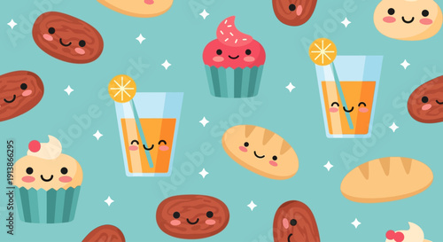 Smiling cupcakes and drinks pattern during ramadan celebration on a light blue background with cartoonish food items