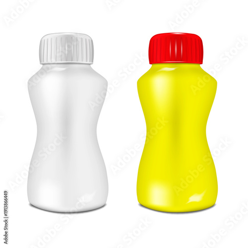 Blank bottle with screw cap isolated. White and color. Realistic 3d vector mockup. Milk, yogurt, juice, other drink packaging. Easy editable mock-up. Template for design