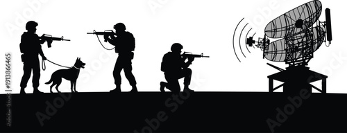 Military surveillance silhouettes, armed soldiers with dog protecting radar station, tactical security patrol, border defense monitoring mission illustration, concept, isolated