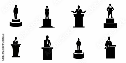 Black silhouette icon set of men standing on podiums and platforms, representing public speakers, leaders, and success.