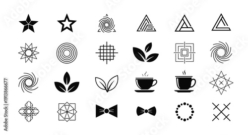Versatile black and white icon set featuring minimalist stars, coffee cups, botanical leaves, and geometric abstract shapes for modern branding and web UI elements.