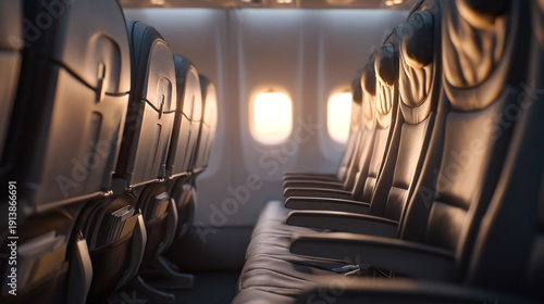 The interior of an airplane with empty seats and windows showing sunlight