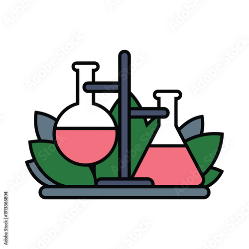Laboratory glassware set on a stand is partially obscured by green.