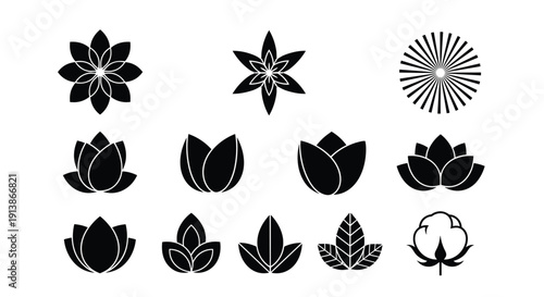 Versatile set of black floral silhouettes and natural organic icons including lotus flowers and sunburst symbols for holistic wellness and eco friendly branding.