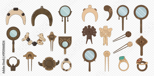 Collection of traditional Korean ornamental hairpins, mirrors, and rings, showcasing cultural jewelry.