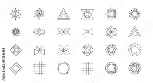 Comprehensive collection of minimalist geometric line icons featuring stars, abstract shapes, and symmetrical symbols for modern web design and creative brand identity.