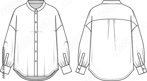 Front and Back View of Collarless Button Shirt with Rounded Hem, Casual Apparel Clothing Technical Line Art Illustration