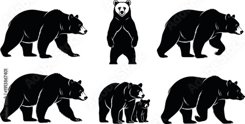 Bear silhouette vector illustrations, black and white wildlife art, animal profile design, forest nature graphics, minimal decorative artwork set