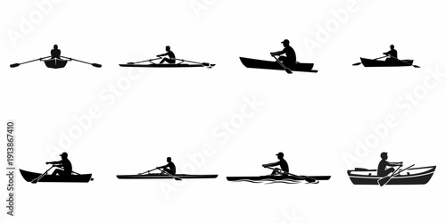 Collection of eight black silhouettes showing people rowing and sculling in various boats, isolated on a white background.