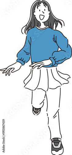 笑顔で走る女の子の全身のシンプルな手書き風イラスト素材