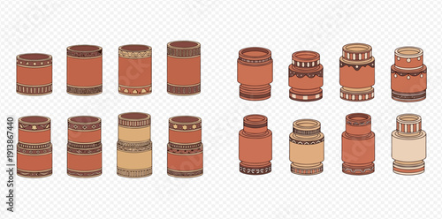 Collection of various decorative cylindrical containers with intricate patterns, perfect for packaging designs and cultural themes.